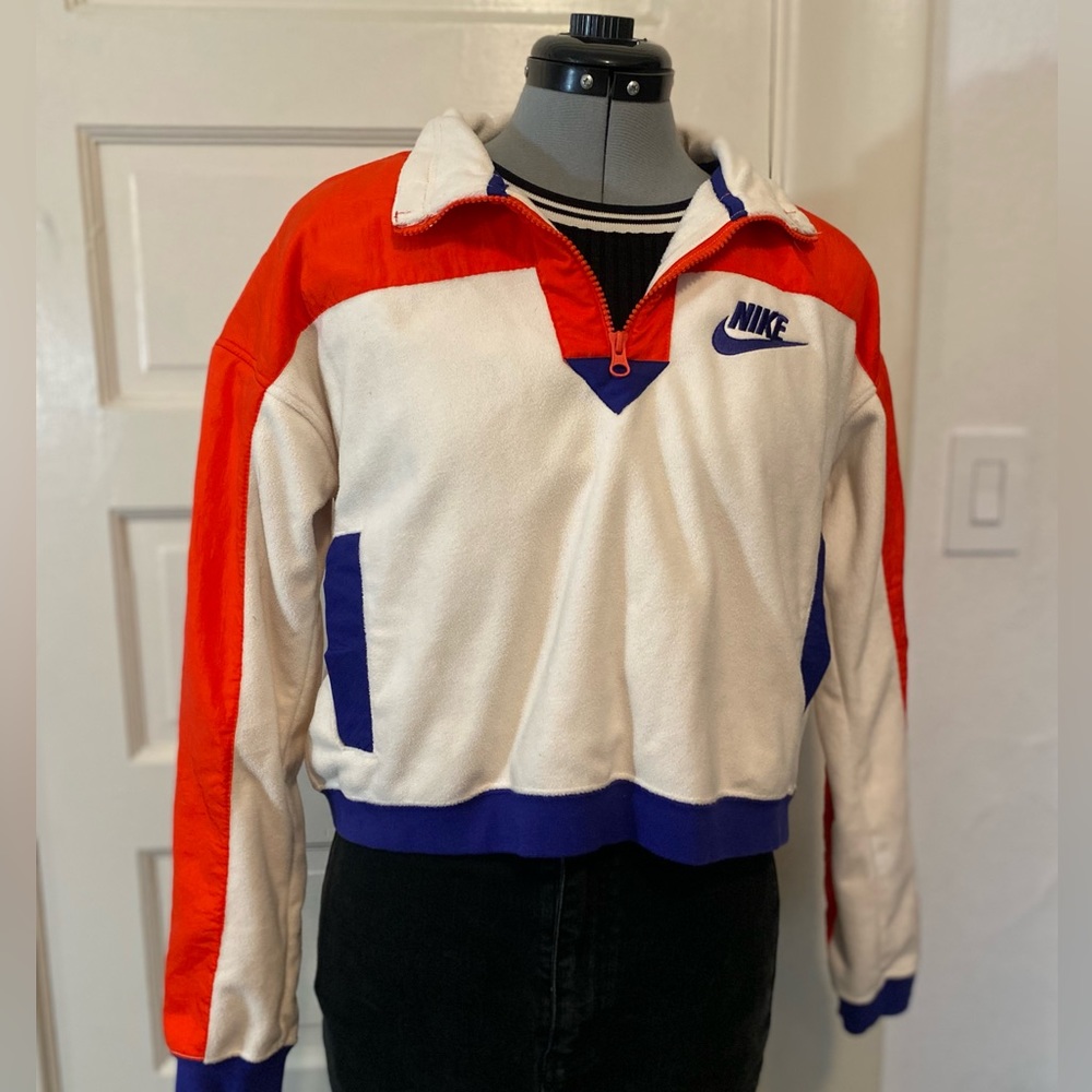 Women’s Vintage Cropped Nike White/Red/Blue Fleece Sweater w/ Half Zip